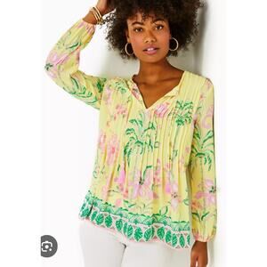 Lilly Pulitzer Marilina Tunic Top Finch Yellow Tropical Oasis Engineer Tunic M